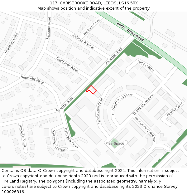 117, CARISBROOKE ROAD, LEEDS, LS16 5RX: Location map and indicative extent of plot