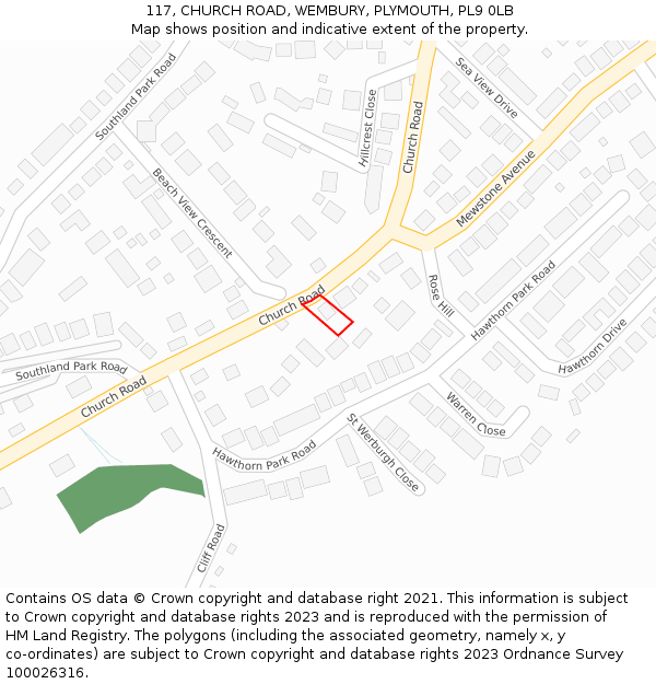 117, CHURCH ROAD, WEMBURY, PLYMOUTH, PL9 0LB: Location map and indicative extent of plot