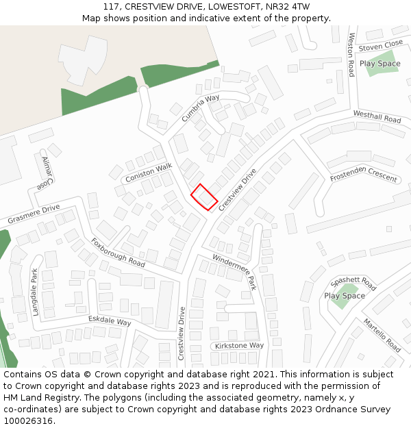 117, CRESTVIEW DRIVE, LOWESTOFT, NR32 4TW: Location map and indicative extent of plot