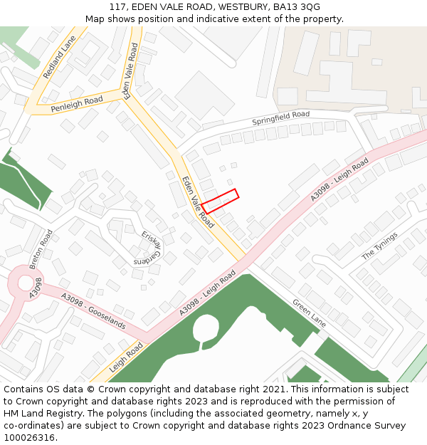 117, EDEN VALE ROAD, WESTBURY, BA13 3QG: Location map and indicative extent of plot