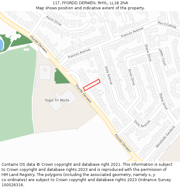 117, FFORDD DERWEN, RHYL, LL18 2NA: Location map and indicative extent of plot