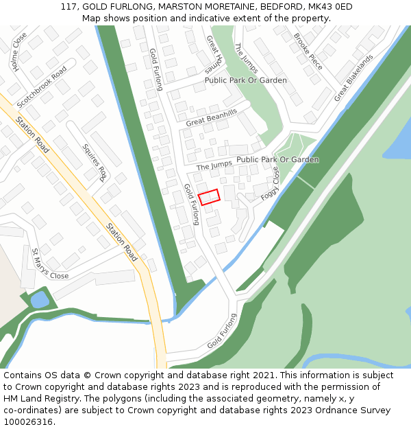 117, GOLD FURLONG, MARSTON MORETAINE, BEDFORD, MK43 0ED: Location map and indicative extent of plot
