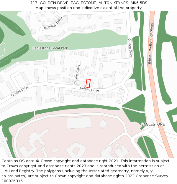 117, GOLDEN DRIVE, EAGLESTONE, MILTON KEYNES, MK6 5BS: Location map and indicative extent of plot