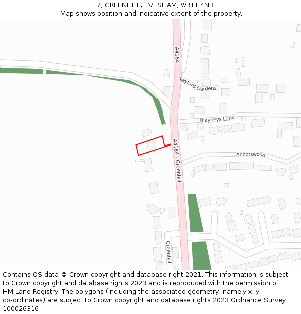 117, GREENHILL, EVESHAM, WR11 4NB: Location map and indicative extent of plot