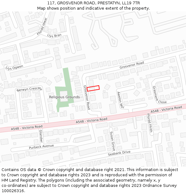 117, GROSVENOR ROAD, PRESTATYN, LL19 7TR: Location map and indicative extent of plot