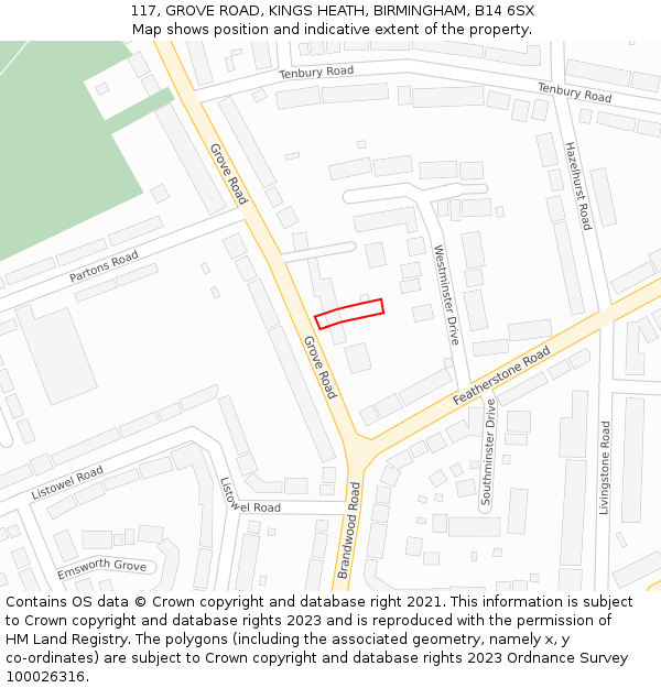 117, GROVE ROAD, KINGS HEATH, BIRMINGHAM, B14 6SX: Location map and indicative extent of plot