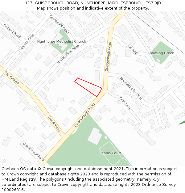 117, GUISBOROUGH ROAD, NUNTHORPE, MIDDLESBROUGH, TS7 0JD: Location map and indicative extent of plot