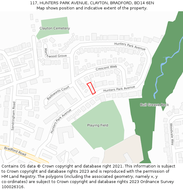 117, HUNTERS PARK AVENUE, CLAYTON, BRADFORD, BD14 6EN: Location map and indicative extent of plot