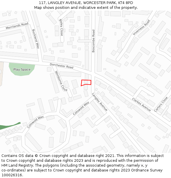 117, LANGLEY AVENUE, WORCESTER PARK, KT4 8PD: Location map and indicative extent of plot