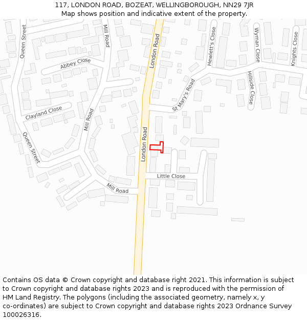 117, LONDON ROAD, BOZEAT, WELLINGBOROUGH, NN29 7JR: Location map and indicative extent of plot