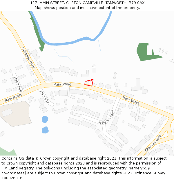 117, MAIN STREET, CLIFTON CAMPVILLE, TAMWORTH, B79 0AX: Location map and indicative extent of plot