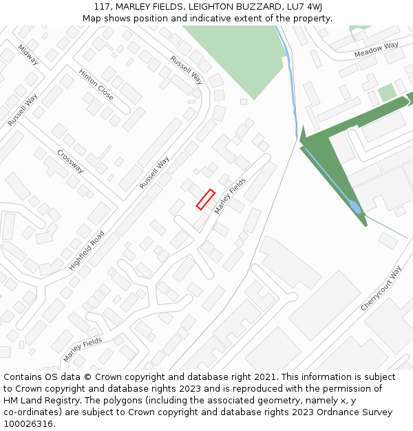 117, MARLEY FIELDS, LEIGHTON BUZZARD, LU7 4WJ: Location map and indicative extent of plot