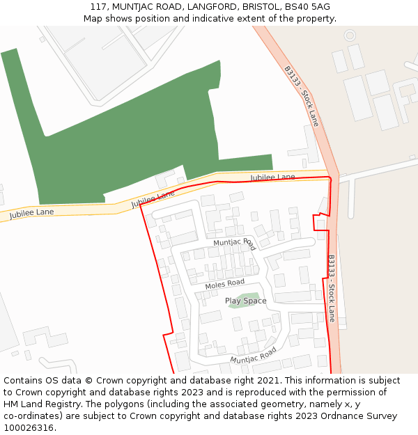 117, MUNTJAC ROAD, LANGFORD, BRISTOL, BS40 5AG: Location map and indicative extent of plot