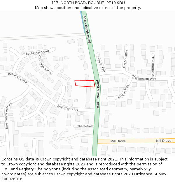 117, NORTH ROAD, BOURNE, PE10 9BU: Location map and indicative extent of plot