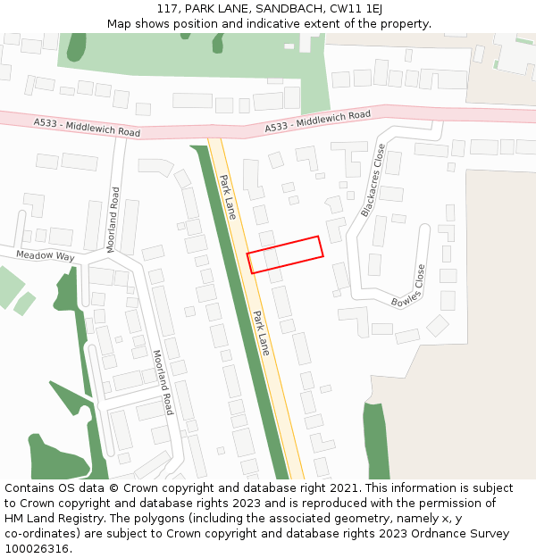 117, PARK LANE, SANDBACH, CW11 1EJ: Location map and indicative extent of plot