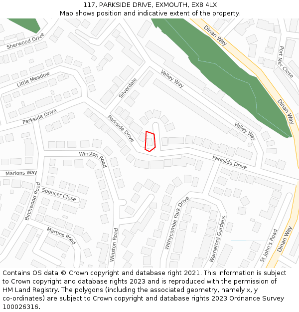 117, PARKSIDE DRIVE, EXMOUTH, EX8 4LX: Location map and indicative extent of plot