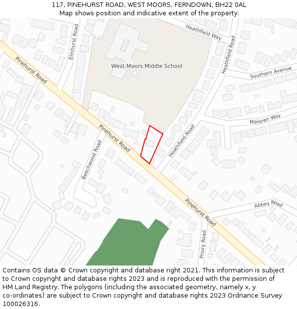 117, PINEHURST ROAD, WEST MOORS, FERNDOWN, BH22 0AL: Location map and indicative extent of plot