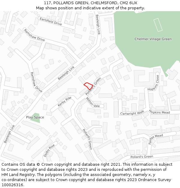 117, POLLARDS GREEN, CHELMSFORD, CM2 6UX: Location map and indicative extent of plot