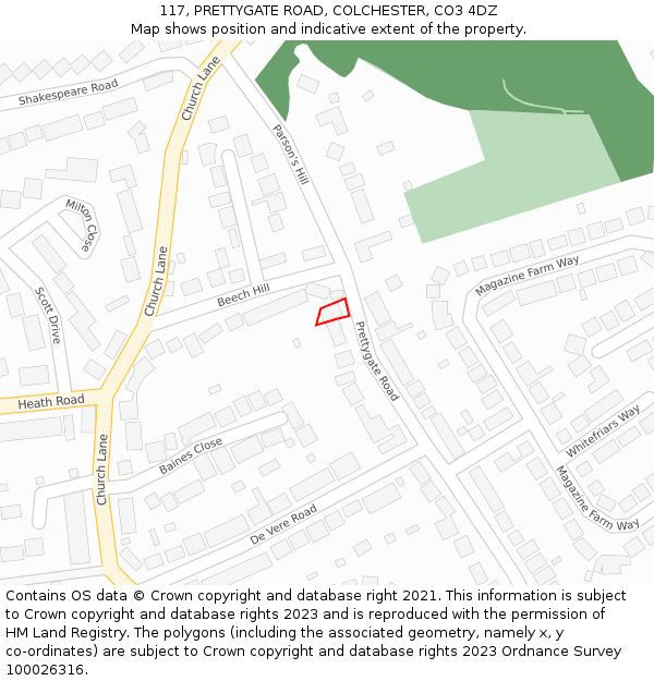 117, PRETTYGATE ROAD, COLCHESTER, CO3 4DZ: Location map and indicative extent of plot