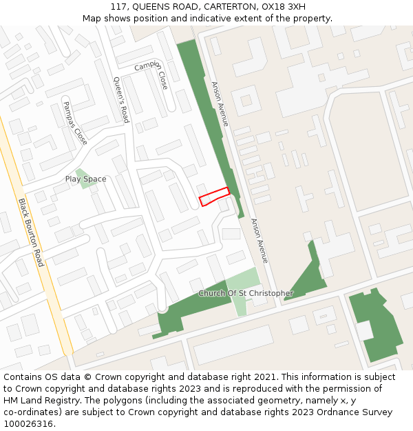 117, QUEENS ROAD, CARTERTON, OX18 3XH: Location map and indicative extent of plot