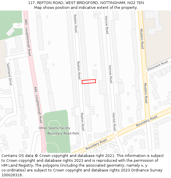 117, REPTON ROAD, WEST BRIDGFORD, NOTTINGHAM, NG2 7EN: Location map and indicative extent of plot