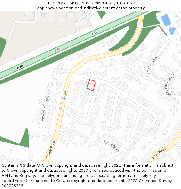 117, ROSELAND PARK, CAMBORNE, TR14 8NB: Location map and indicative extent of plot