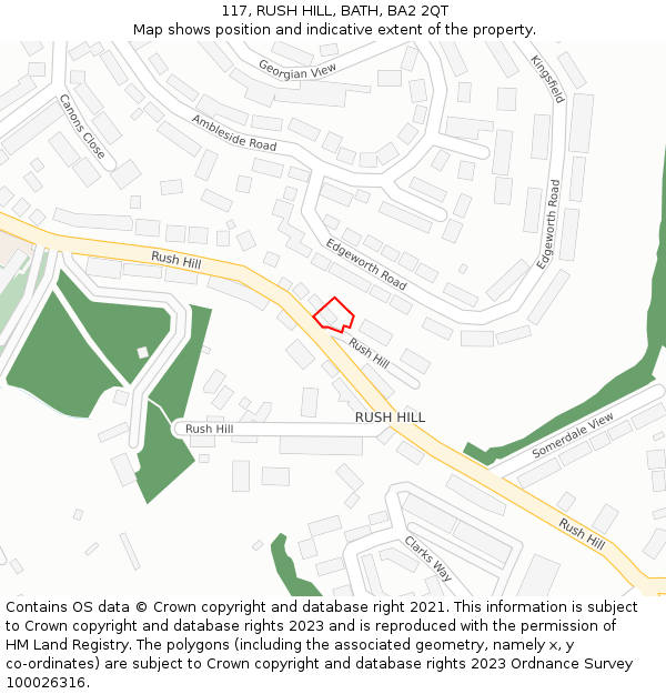 117, RUSH HILL, BATH, BA2 2QT: Location map and indicative extent of plot