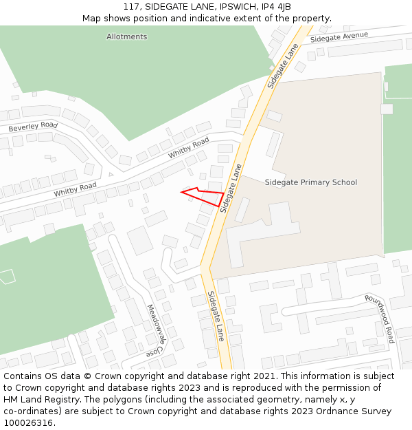 117, SIDEGATE LANE, IPSWICH, IP4 4JB: Location map and indicative extent of plot