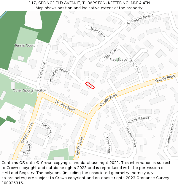 117, SPRINGFIELD AVENUE, THRAPSTON, KETTERING, NN14 4TN: Location map and indicative extent of plot