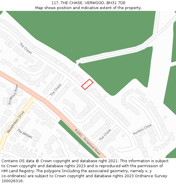 117, THE CHASE, VERWOOD, BH31 7DE: Location map and indicative extent of plot