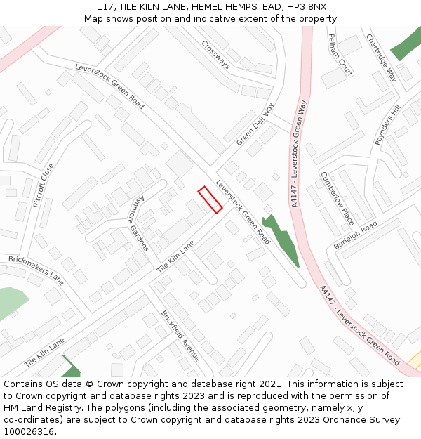 117, TILE KILN LANE, HEMEL HEMPSTEAD, HP3 8NX: Location map and indicative extent of plot