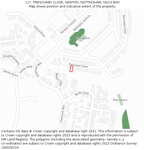 117, TRENCHARD CLOSE, NEWTON, NOTTINGHAM, NG13 8HH: Location map and indicative extent of plot