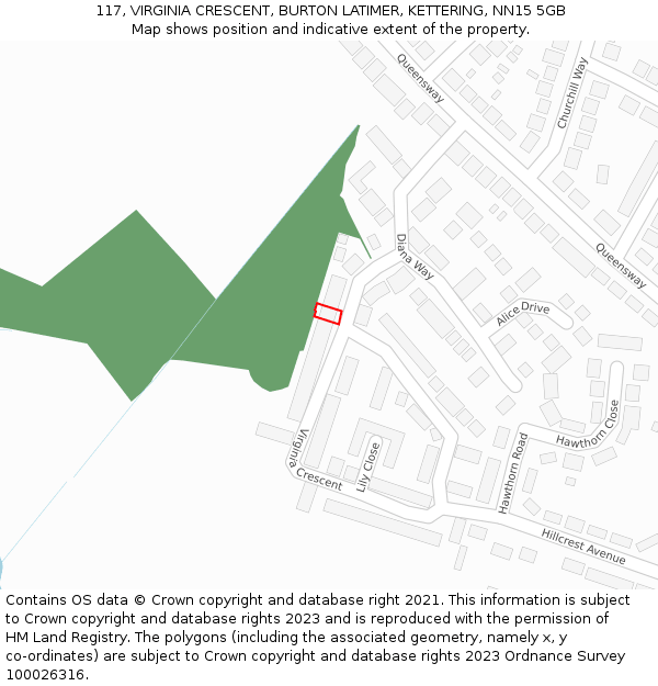 117, VIRGINIA CRESCENT, BURTON LATIMER, KETTERING, NN15 5GB: Location map and indicative extent of plot