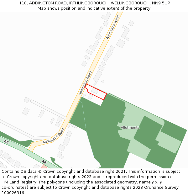 118, ADDINGTON ROAD, IRTHLINGBOROUGH, WELLINGBOROUGH, NN9 5UP: Location map and indicative extent of plot