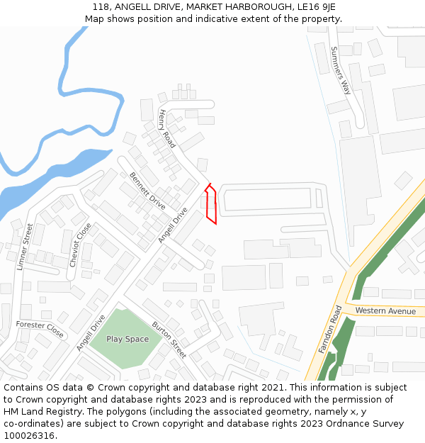 118, ANGELL DRIVE, MARKET HARBOROUGH, LE16 9JE: Location map and indicative extent of plot