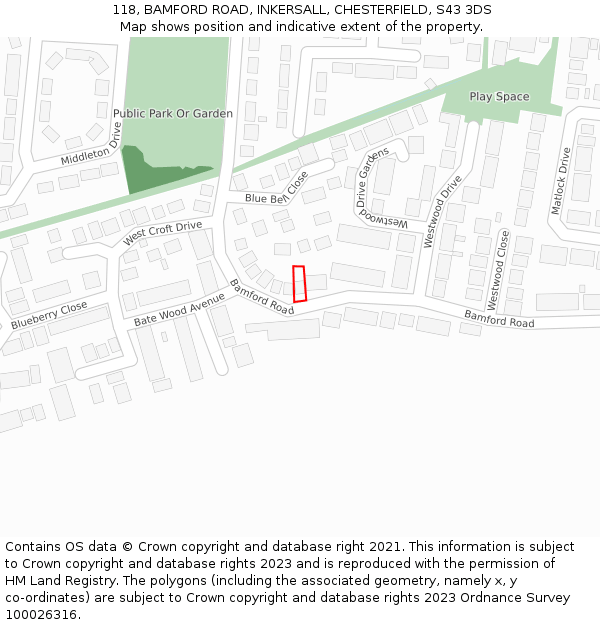 118, BAMFORD ROAD, INKERSALL, CHESTERFIELD, S43 3DS: Location map and indicative extent of plot