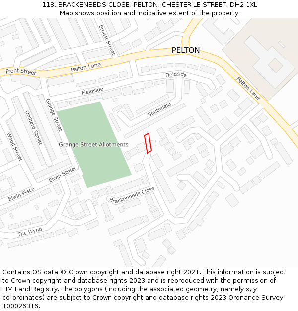 118, BRACKENBEDS CLOSE, PELTON, CHESTER LE STREET, DH2 1XL: Location map and indicative extent of plot