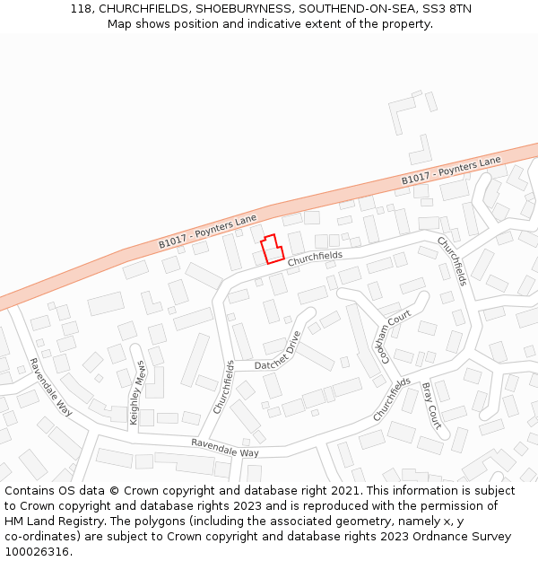 118, CHURCHFIELDS, SHOEBURYNESS, SOUTHEND-ON-SEA, SS3 8TN: Location map and indicative extent of plot