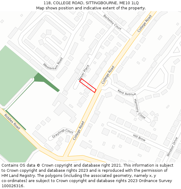 118, COLLEGE ROAD, SITTINGBOURNE, ME10 1LQ: Location map and indicative extent of plot