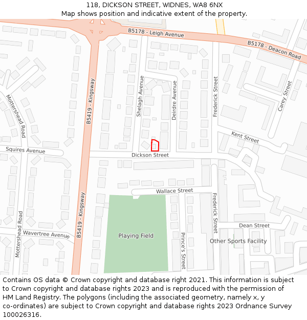 118, DICKSON STREET, WIDNES, WA8 6NX: Location map and indicative extent of plot