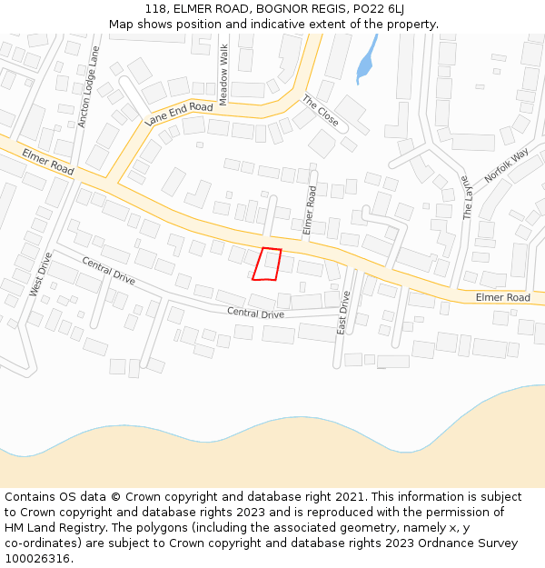 118, ELMER ROAD, BOGNOR REGIS, PO22 6LJ: Location map and indicative extent of plot