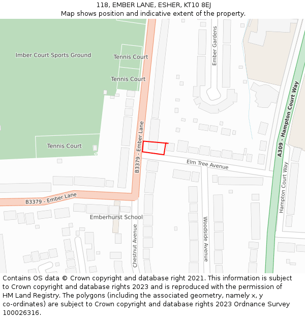 118, EMBER LANE, ESHER, KT10 8EJ: Location map and indicative extent of plot