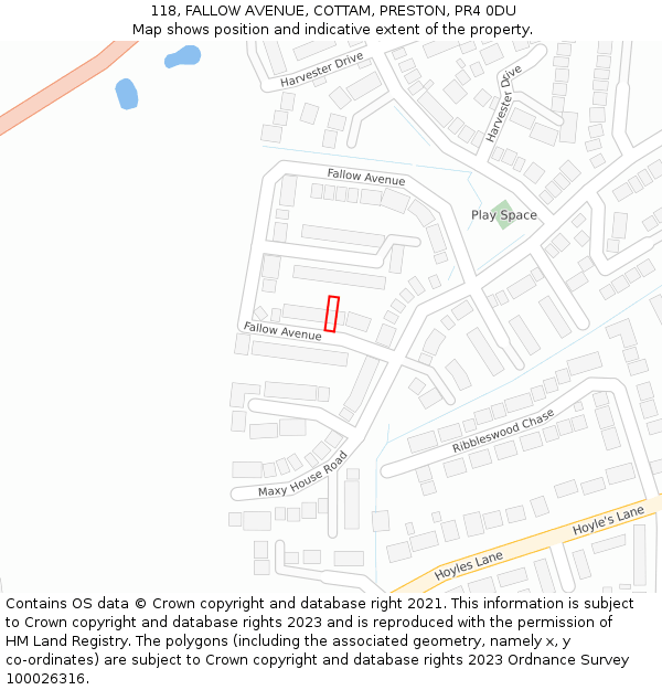 118, FALLOW AVENUE, COTTAM, PRESTON, PR4 0DU: Location map and indicative extent of plot