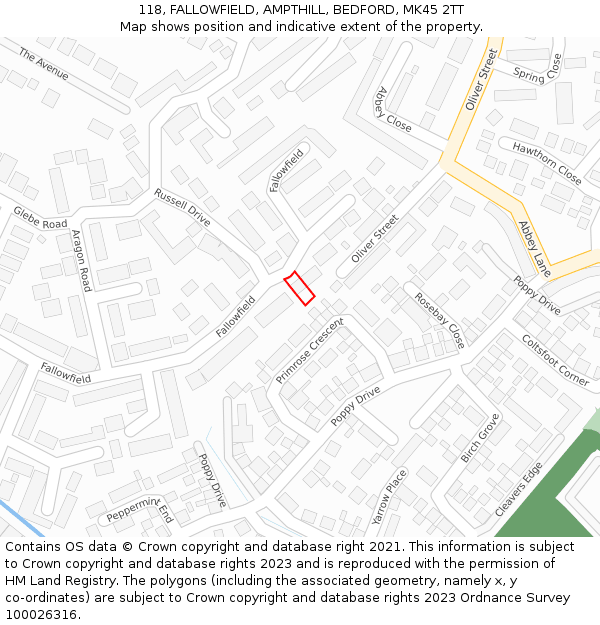 118, FALLOWFIELD, AMPTHILL, BEDFORD, MK45 2TT: Location map and indicative extent of plot