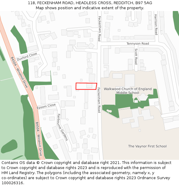 118, FECKENHAM ROAD, HEADLESS CROSS, REDDITCH, B97 5AG: Location map and indicative extent of plot