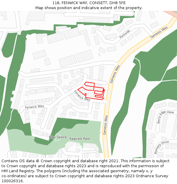 118, FENWICK WAY, CONSETT, DH8 5FE: Location map and indicative extent of plot