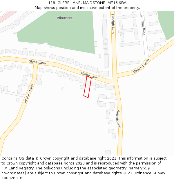 118, GLEBE LANE, MAIDSTONE, ME16 9BA: Location map and indicative extent of plot