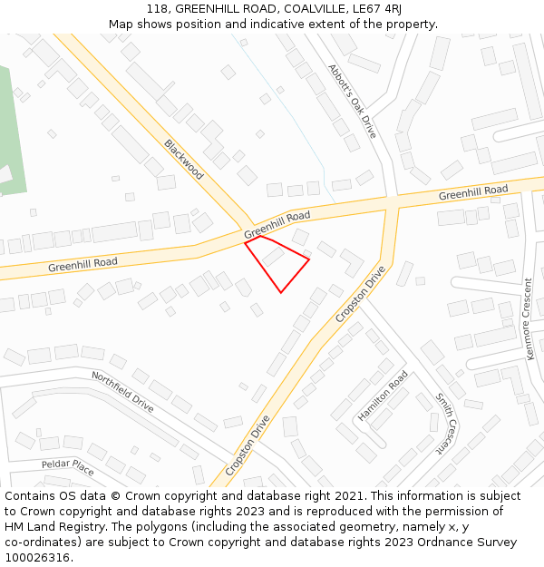 118, GREENHILL ROAD, COALVILLE, LE67 4RJ: Location map and indicative extent of plot