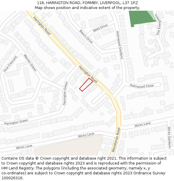 118, HARINGTON ROAD, FORMBY, LIVERPOOL, L37 1PZ: Location map and indicative extent of plot