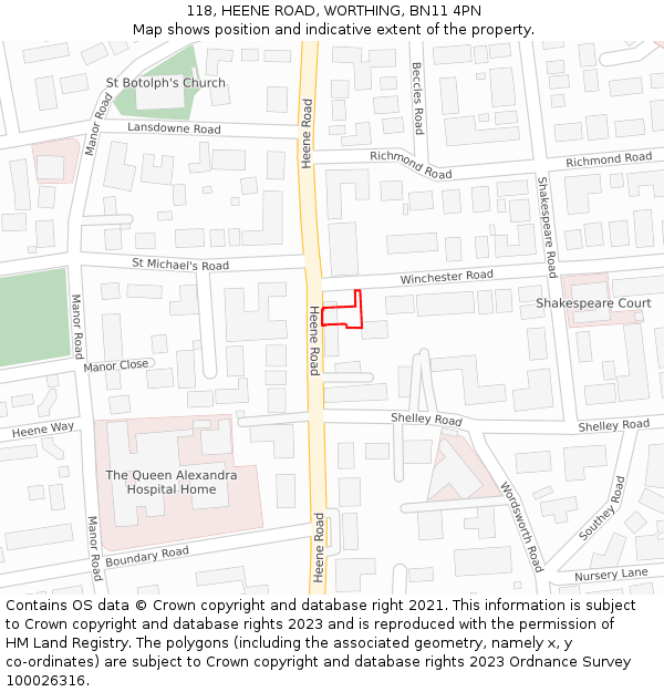 118, HEENE ROAD, WORTHING, BN11 4PN: Location map and indicative extent of plot